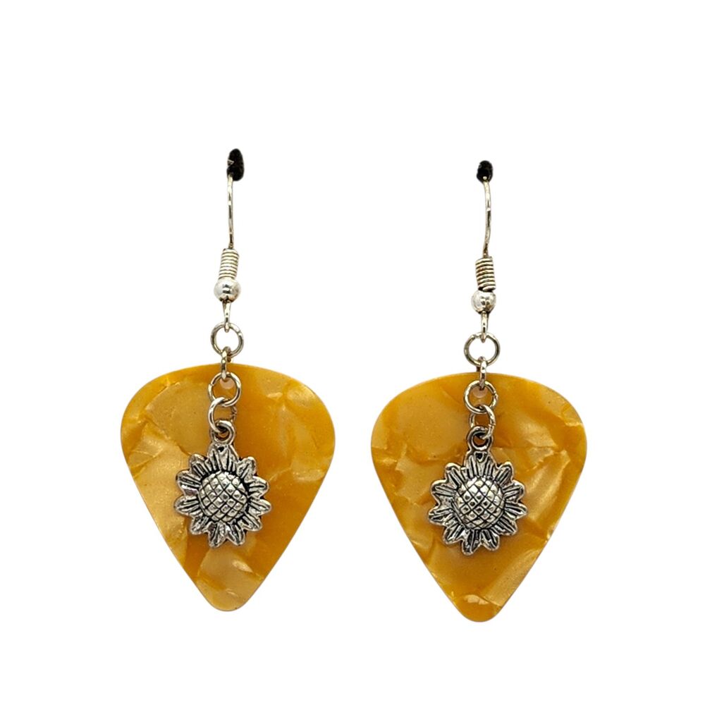 Sunflower Flower Charm on Yellow Guitar Pick Earrings - Handmade USA